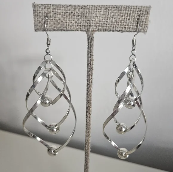 Twisted Geometric Chic Drop Silver Earrings | SZ 3" - Picture 3 of 4